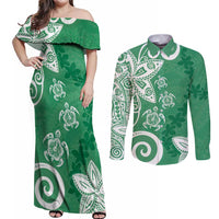Polynesia Couples Matching Off Shoulder Maxi Dress and Long Sleeve Button Shirt Green Tribal Turtle Floral Pattern