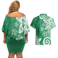 Polynesia Couples Matching Off Shoulder Short Dress and Hawaiian Shirt Green Tribal Turtle Floral Pattern