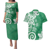 Polynesia Couples Matching Puletasi and Hawaiian Shirt Green Tribal Turtle Floral Pattern