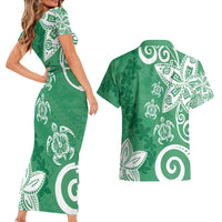 Polynesia Couples Matching Short Sleeve Bodycon Dress and Hawaiian Shirt Green Tribal Turtle Floral Pattern