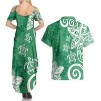 Polynesia Couples Matching Summer Maxi Dress and Hawaiian Shirt Green Tribal Turtle Floral Pattern
