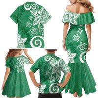Polynesia Family Matching Mermaid Dress and Hawaiian Shirt Green Tribal Turtle Floral Pattern
