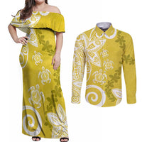 Polynesia Couples Matching Off Shoulder Maxi Dress and Long Sleeve Button Shirt Yellow Tribal Turtle Floral Pattern