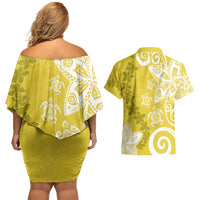 Polynesia Couples Matching Off Shoulder Short Dress and Hawaiian Shirt Yellow Tribal Turtle Floral Pattern