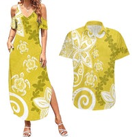Polynesia Couples Matching Summer Maxi Dress and Hawaiian Shirt Yellow Tribal Turtle Floral Pattern