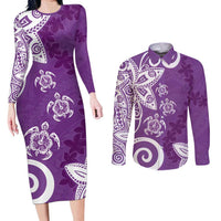 Polynesia Couples Matching Long Sleeve Bodycon Dress and Long Sleeve Button Shirt Purple Tribal Turtle Floral Pattern
