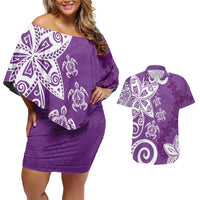 Polynesia Couples Matching Off Shoulder Short Dress and Hawaiian Shirt Purple Tribal Turtle Floral Pattern