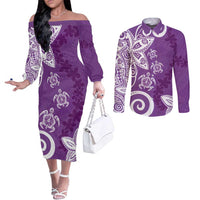 Polynesia Couples Matching Off The Shoulder Long Sleeve Dress and Long Sleeve Button Shirt Purple Tribal Turtle Floral Pattern