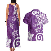 Polynesia Couples Matching Tank Maxi Dress and Hawaiian Shirt Purple Tribal Turtle Floral Pattern