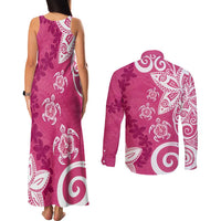 Polynesia Couples Matching Tank Maxi Dress and Long Sleeve Button Shirt Pink Tribal Turtle Floral Pattern