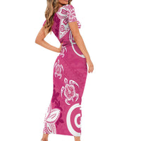 Polynesia Family Matching Short Sleeve Bodycon Dress and Hawaiian Shirt Pink Tribal Turtle Floral Pattern