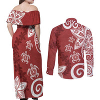 Polynesia Couples Matching Off Shoulder Maxi Dress and Long Sleeve Button Shirt Red Tribal Turtle Floral Pattern