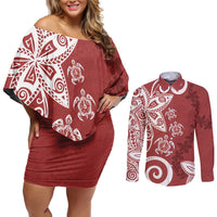 Polynesia Couples Matching Off Shoulder Short Dress and Long Sleeve Button Shirt Red Tribal Turtle Floral Pattern