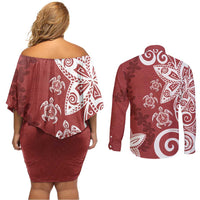 Polynesia Couples Matching Off Shoulder Short Dress and Long Sleeve Button Shirt Red Tribal Turtle Floral Pattern