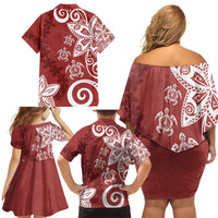 Polynesia Family Matching Off Shoulder Short Dress and Hawaiian Shirt Red Tribal Turtle Floral Pattern