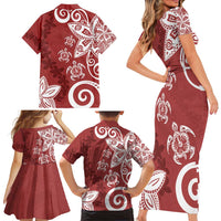 Polynesia Family Matching Short Sleeve Bodycon Dress and Hawaiian Shirt Red Tribal Turtle Floral Pattern
