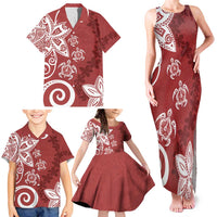 Polynesia Family Matching Tank Maxi Dress and Hawaiian Shirt Red Tribal Turtle Floral Pattern