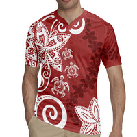 Polynesia Rugby Jersey Red Tribal Turtle Floral Pattern