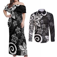 Polynesia Couples Matching Off Shoulder Maxi Dress and Long Sleeve Button Shirt Black Tribal Turtle Floral Pattern