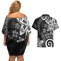 Polynesia Couples Matching Off Shoulder Short Dress and Hawaiian Shirt Black Tribal Turtle Floral Pattern