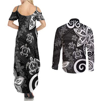 Polynesia Couples Matching Summer Maxi Dress and Long Sleeve Button Shirt Black Tribal Turtle Floral Pattern