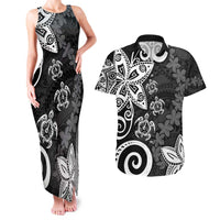 Polynesia Couples Matching Tank Maxi Dress and Hawaiian Shirt Black Tribal Turtle Floral Pattern