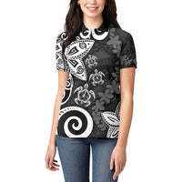 Polynesia Women Polo Shirt Black Tribal Turtle Floral Pattern