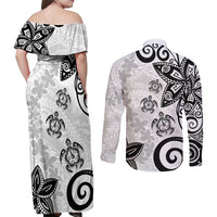 Polynesia Couples Matching Off Shoulder Maxi Dress and Long Sleeve Button Shirt White Tribal Turtle Floral Pattern