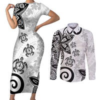 Polynesia Couples Matching Short Sleeve Bodycon Dress and Long Sleeve Button Shirt White Tribal Turtle Floral Pattern