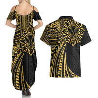 Hawaii And Philippines Couples Matching Summer Maxi Dress and Hawaiian Shirt Kanaka Maoli With Tribal Sun Together Gold