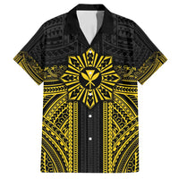 Hawaii And Philippines Together Family Matching Off Shoulder Short Dress and Hawaiian Shirt Polynesian Pattern With Filipino Barong Gold