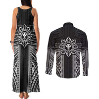 Hawaii And Philippines Together Couples Matching Tank Maxi Dress and Long Sleeve Button Shirt Polynesian Pattern With Filipino Barong Black