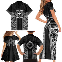 Hawaii And Philippines Together Family Matching Short Sleeve Bodycon Dress and Hawaiian Shirt Polynesian Pattern With Filipino Barong Black