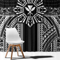 Hawaii And Philippines Together Window Curtain Polynesian Pattern With Filipino Barong Black