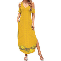 Tonga Anastasis College Family Matching Summer Maxi Dress and Hawaiian Shirt Tongan Ngatu Kupesi Pattern LT05 Mom's Dress Yellow - Polynesian Pride