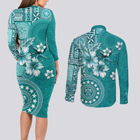 Cook Islands Couples Matching Long Sleeve Bodycon Dress and Long Sleeve Button Shirt Teal Hibiscus And Stars