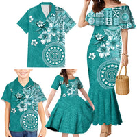 Cook Islands Family Matching Mermaid Dress and Hawaiian Shirt Teal Hibiscus And Stars