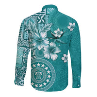 Cook Islands Long Sleeve Button Shirt Teal Hibiscus And Stars