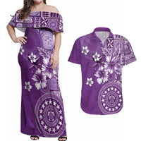 Cook Islands Couples Matching Off Shoulder Maxi Dress and Hawaiian Shirt Purple Hibiscus And Stars