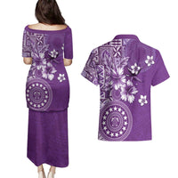 Cook Islands Couples Matching Puletasi and Hawaiian Shirt Purple Hibiscus And Stars