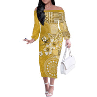 Cook Islands Family Matching Off The Shoulder Long Sleeve Dress and Hawaiian Shirt Yellow Hibiscus And Stars
