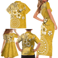 Cook Islands Family Matching Short Sleeve Bodycon Dress and Hawaiian Shirt Yellow Hibiscus And Stars