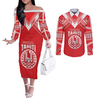 Custom Tahiti Football Couples Matching Off The Shoulder Long Sleeve Dress and Long Sleeve Button Shirt Coat Of Arms Polynesian Tribal Pattern LT05 Red - Polynesian Pride