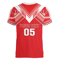 Custom Tahiti Football Women V-Neck T-Shirt Coat Of Arms Polynesian Tribal Pattern