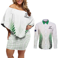 Custom New Zealand Fern Football Couples Matching Off Shoulder Short Dress and Long Sleeve Button Shirt Simple Style LT05 White - Polynesian Pride