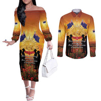 ANZAC Day Couples Matching Off The Shoulder Long Sleeve Dress and Long Sleeve Button Shirt Remembrance Tribute Soldiers And Poppy Field LT05 Orange - Polynesian Pride