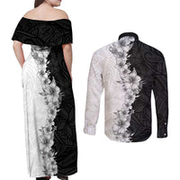 Hawaii Hibiscus Flowers Couples Matching Off Shoulder Maxi Dress and Long Sleeve Button Shirt Grayscale Polynesian Pattern