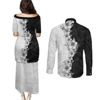 Hawaii Hibiscus Flowers Couples Matching Puletasi and Long Sleeve Button Shirt Grayscale Polynesian Pattern