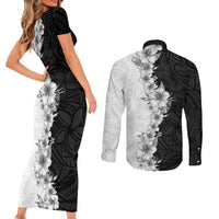 Hawaii Hibiscus Flowers Couples Matching Short Sleeve Bodycon Dress and Long Sleeve Button Shirt Grayscale Polynesian Pattern