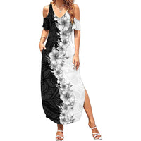 Hawaii Hibiscus Flowers Family Matching Summer Maxi Dress and Hawaiian Shirt Grayscale Polynesian Pattern